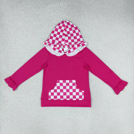 GT1851 Girls Hot Pink Checkered Pocket Hoodie Top