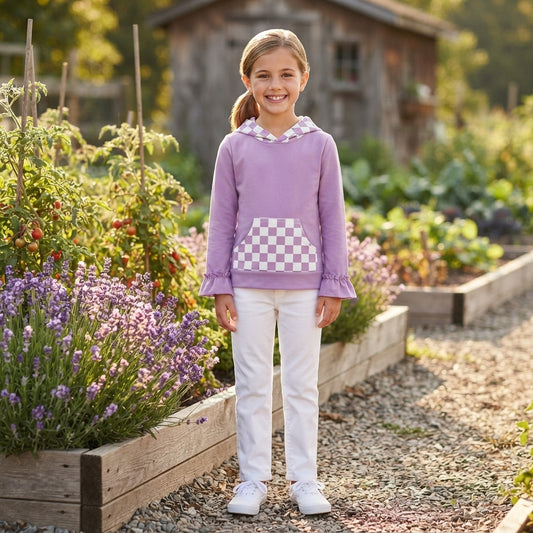GT1852 Purple Checkered Pocket Girls Long Sleeve Hoodie Top