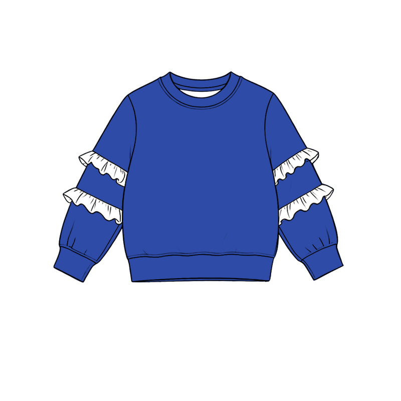 8.19 Preorder Girls Blue Sweatshirt Double White Ruffle Long Sleeve Kids Fall Pullover Top