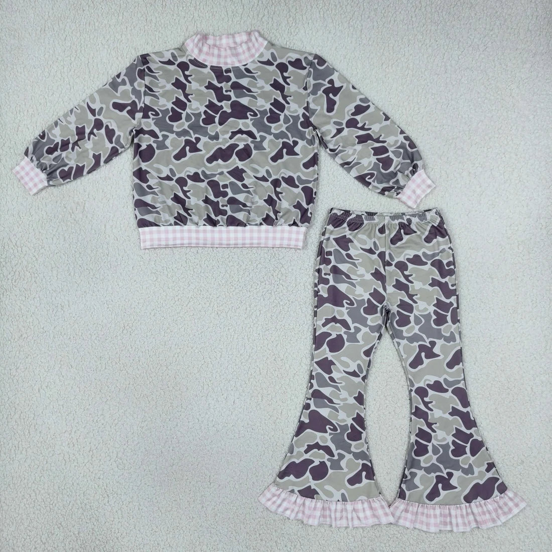 Sibling Kids Girls Boys Camo Gingham Trim Long Sleeve Pants Outfit