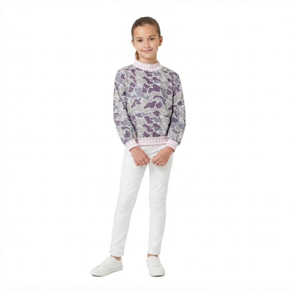 GT1873 Dark Brown Camo Pink Gingham Print Girls Mock Neck Sweatshirt Top