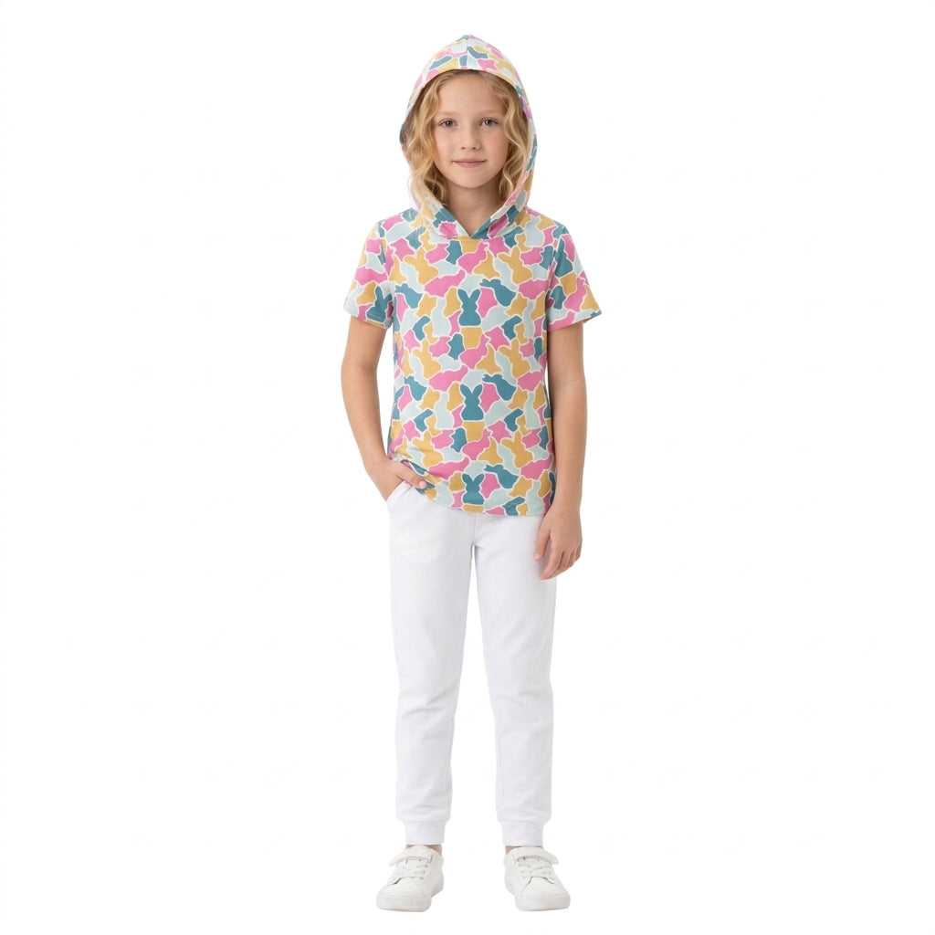 GT1919 Bunny Colorful Camo Print Girls Easter Hoodie Short Sleeve Top