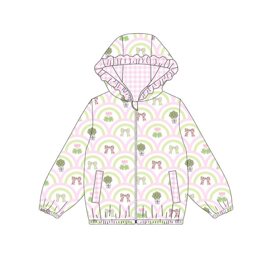 9.15 Preorder GT1933 4‑leaf Clovers Bows Rainbow Print Girls St Patrick Day Pockets Zipper Hoodie Jackets Top