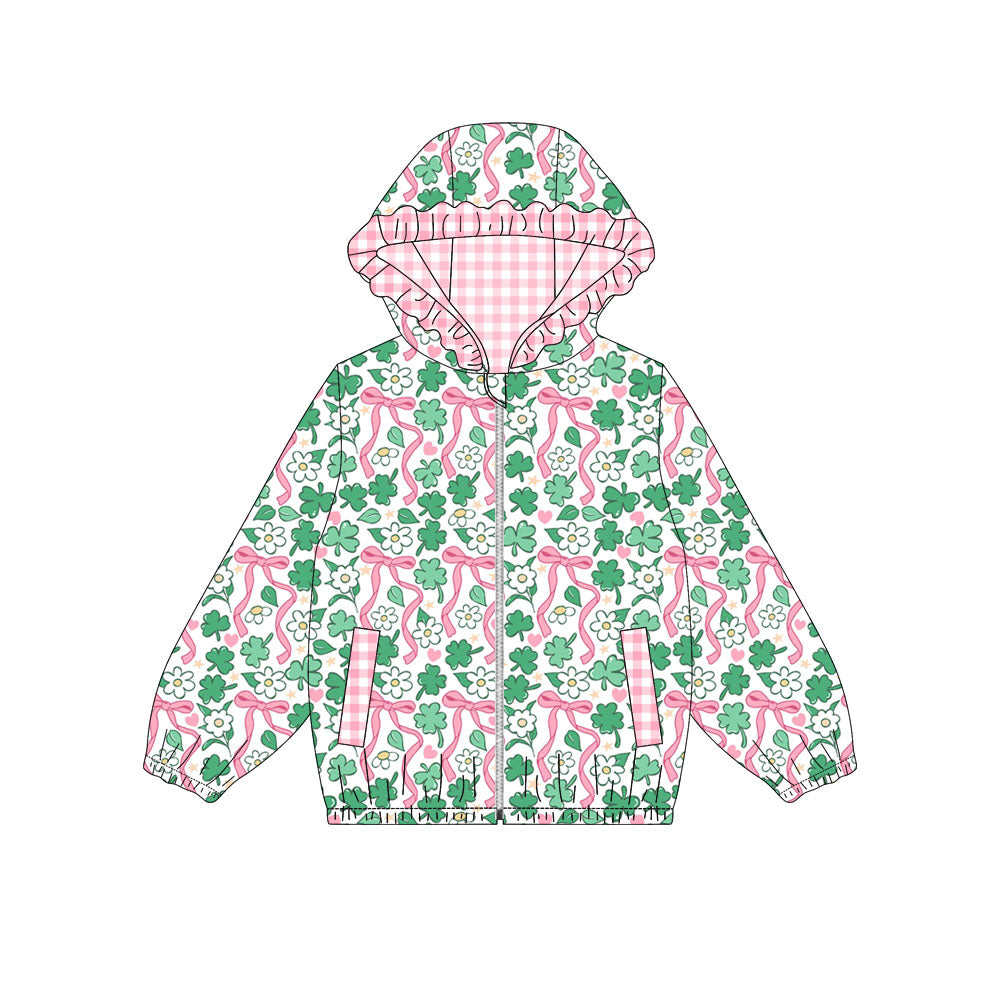 9.15 Preorder GT1934 3‑leaf Clovers Bows Flowers Print Girls St Patrick Day Pockets Zipper Hoodie Jackets Top