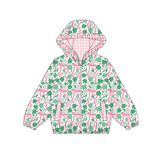 9.15 Preorder GT1934 3‑leaf Clovers Bows Flowers Print Girls St Patrick Day Pockets Zipper Hoodie Jackets Top