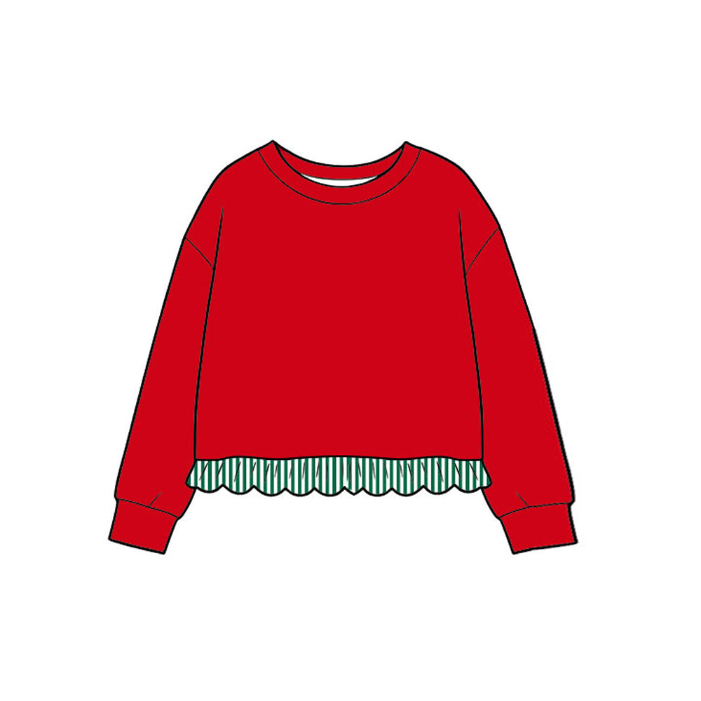 9.17 GT1935 Preorder Kids Girls Red Long Sleeve Top with Green Striped Ruffle