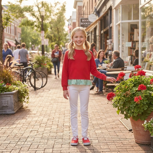 GT1935 Girls Red Long Sleeve Top with Green Striped Ruffle