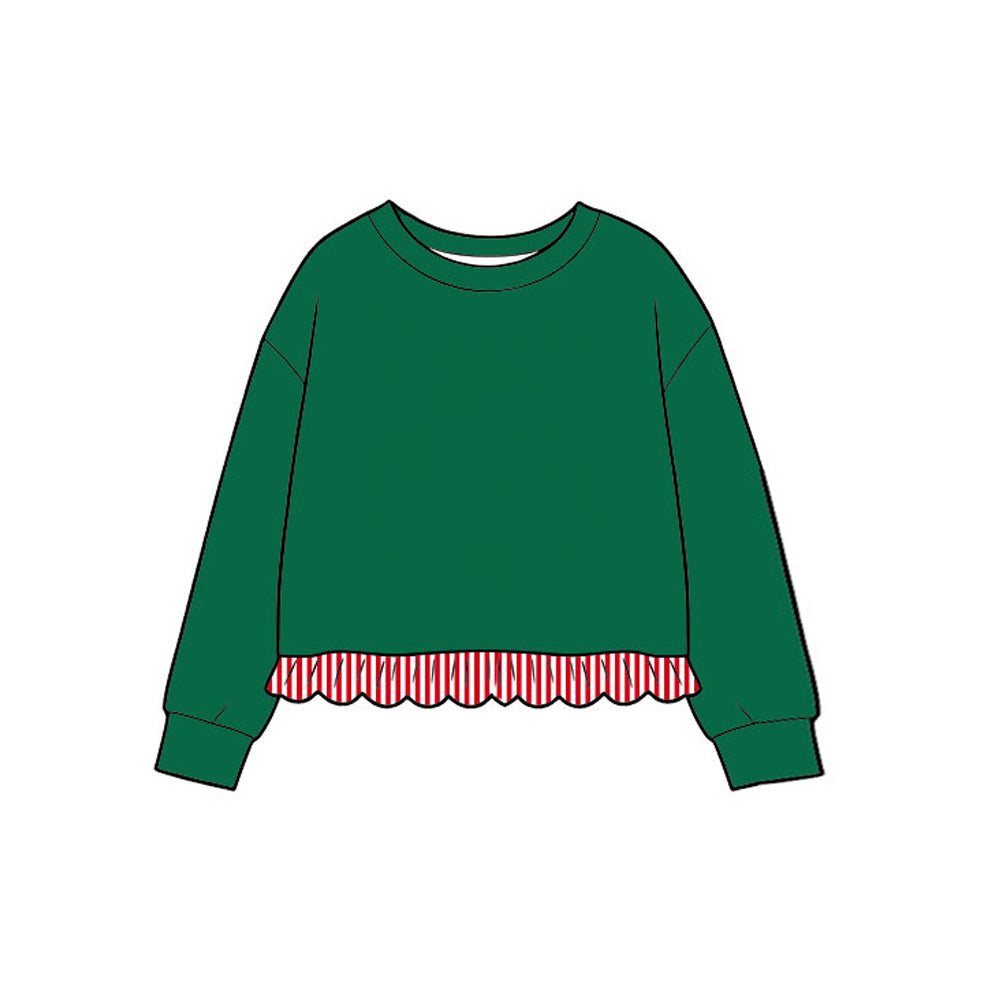 9.17 GT1936 Preorder Kids Girls Green Long Sleeve Top with Red Striped Ruffle