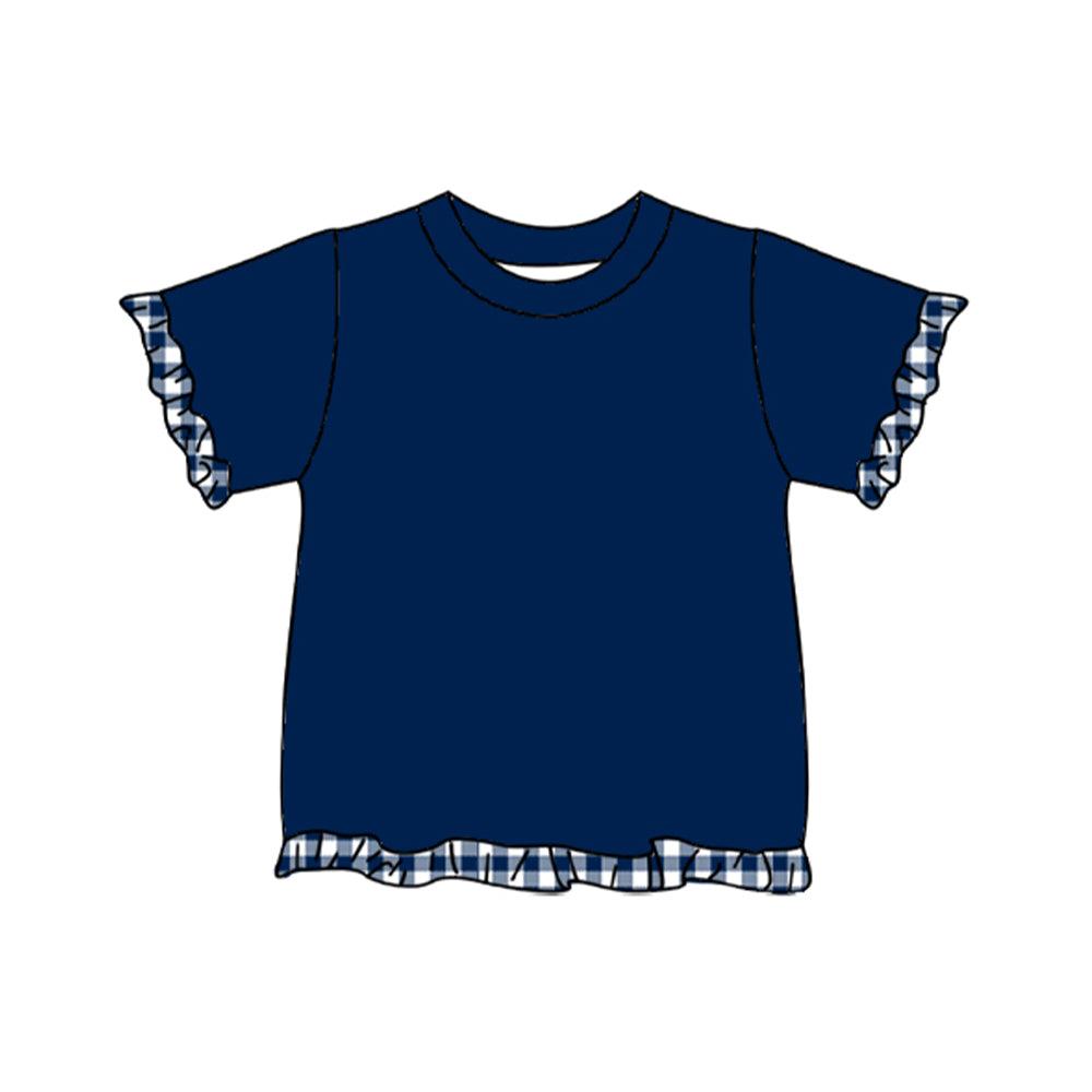 10.16 GT1974 Preorder Kids Girls  Navy Short Sleeve Top with Gingham Tirm