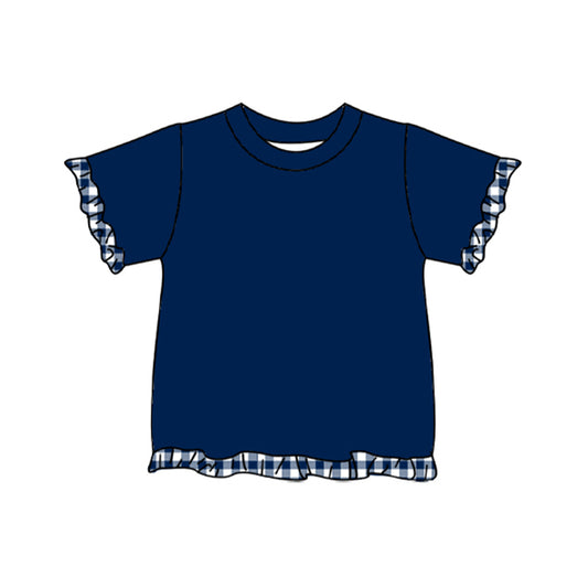10.16 GT1974 Preorder Kids Girls  Navy Short Sleeve Top with Gingham Tirm