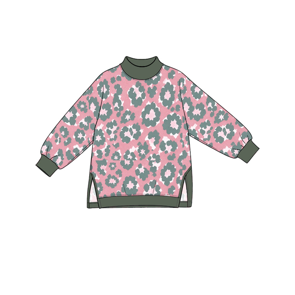 GT1980 Preorder Pink Dark Green Leopard Active Girls Long Sleeve Yoga Tee Shirts Top