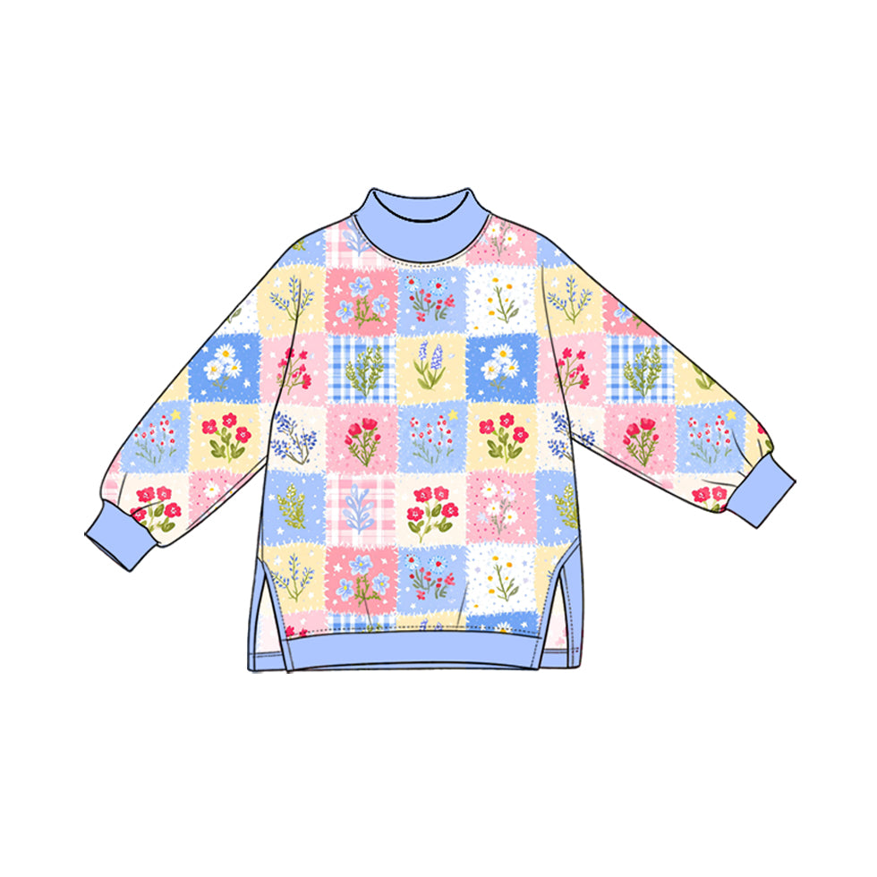 GT1982 Preorder Colorful Flowers Checkered Active Girls Long Sleeve Yoga Tee Shirts Top
