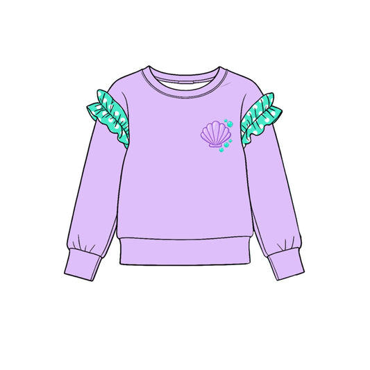 10.21 GT1993 Preorder Seashell Print Dot Ruffle Flutter Sleeve Girls Lavender Tee Shirts Top
