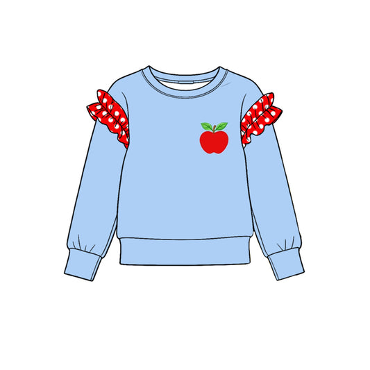 10.21 GT1996 Preorder Apple Print Dot Ruffle Flutter Sleeve Girls Blue Tee Shirts Top