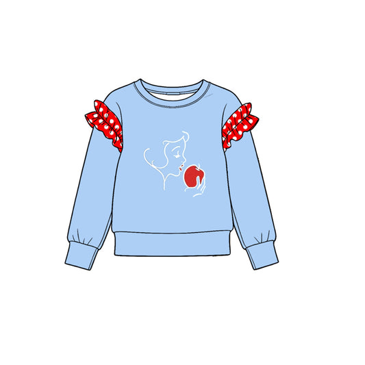 10.22 GT2005 Preorder Princess Apple Print Dot Ruffle Flutter Sleeve Girls Blue Tee Shirts Top