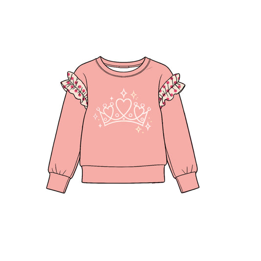 10.22 GT2006 Preorder Crown Print Dot Ruffle Flutter Sleeve Girls Pink Tee Shirts Top