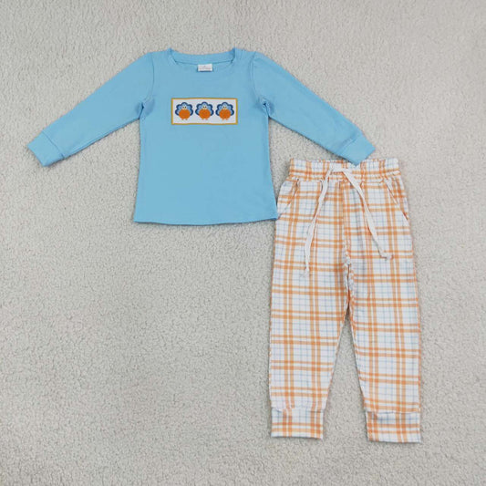 BLP1498 Pumpkin Turkey Embroidery Blue Top Orange Checkered Pants Boys Thanksgiving Clothes Set