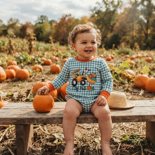 LR3237 I Dig Fall Bulldozer Pumpkin Checkered Baby Boys Fall Romper