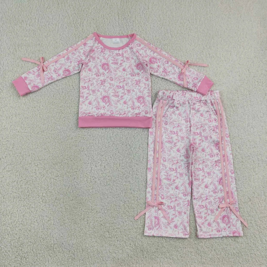 Flowers Print Top Straight Pants Girls Bows Clothes Set Sisters Wear