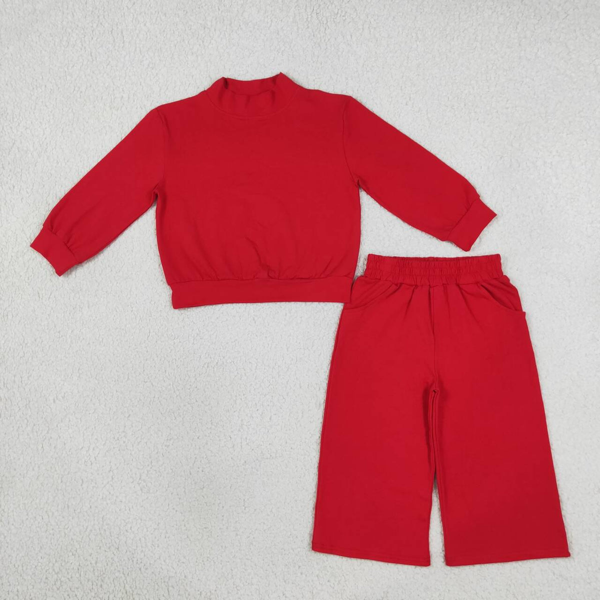 Red Color Long Sleeve Top Pocket Pants Girls Cotton Clothes Set