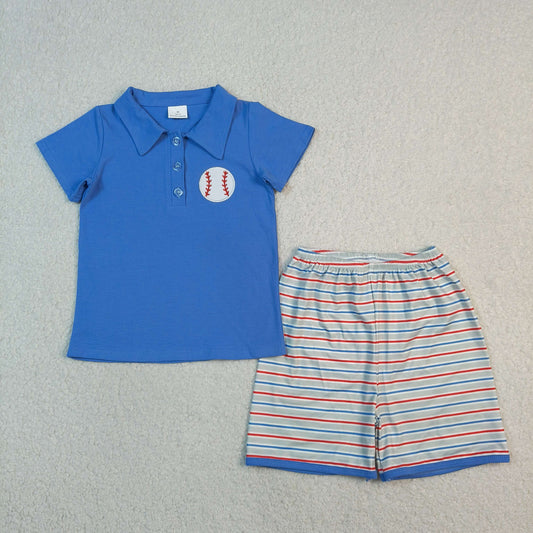 Baseball Embroidery Blue Polo Top Stripes Shorts Boys Summer Clothes Set