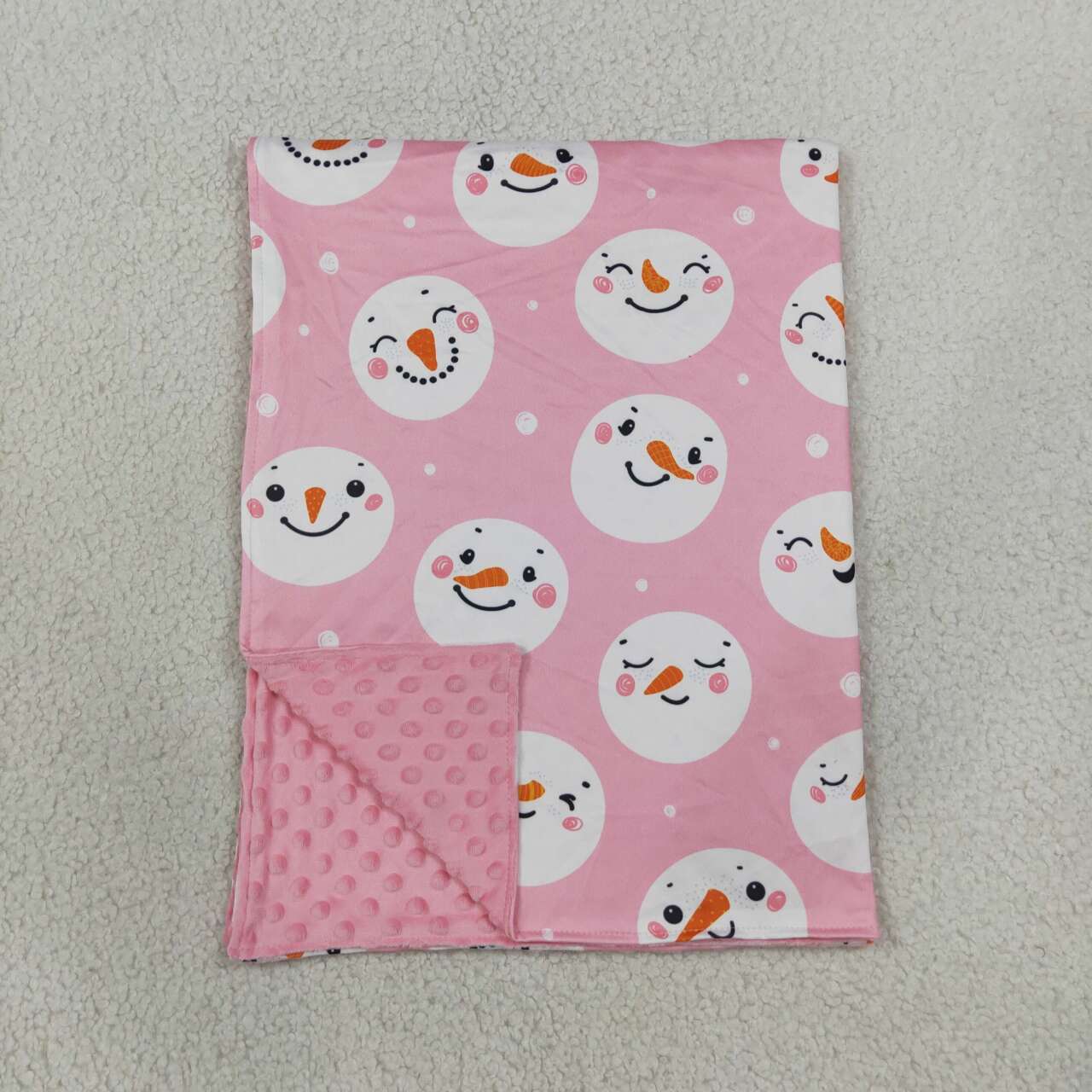 BL0266 Snowman Smiling Pink Print Baby Girls Christmas Blanket