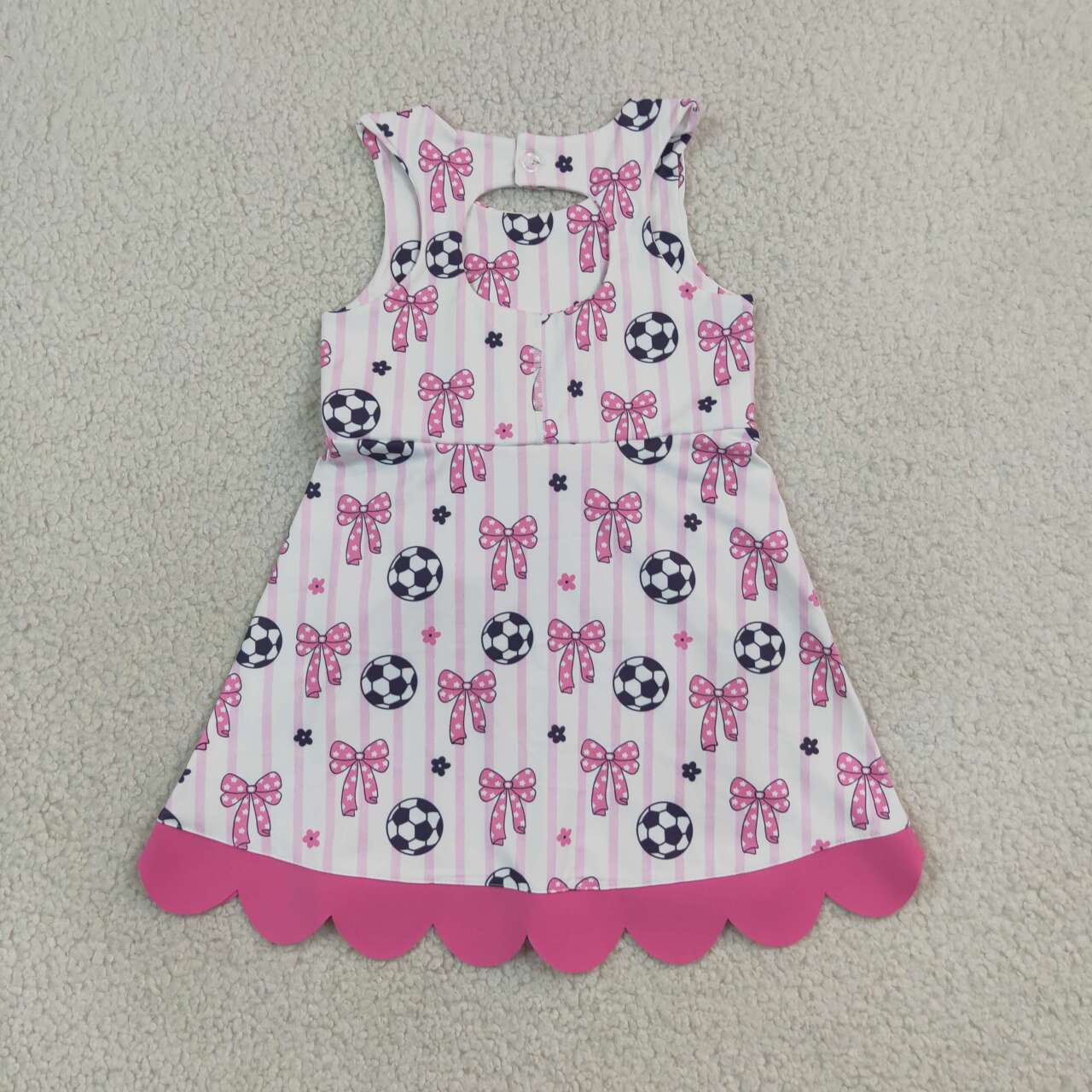 GSD4100 Soccer Pink Bows Stripes Girls Summer Scallop Knee Length Yoga Dress