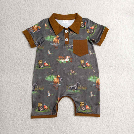 SR4162 Baby Boys Hunting Dog Duck Short Sleeve Button Polo Romper