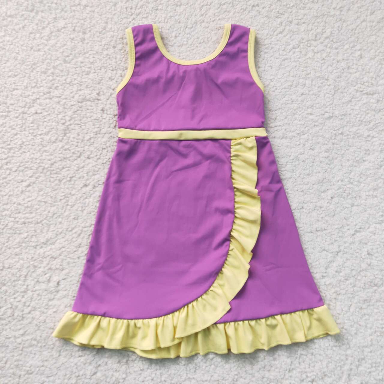 Purple & Yellow Girls Sleeveless Scallop Yoga Dress