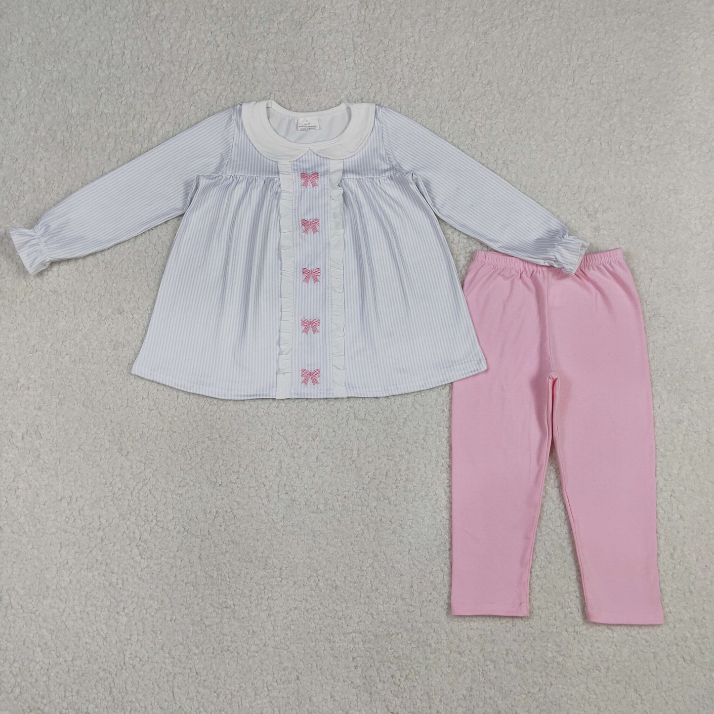 Baby Girls Blue Striped Pink Bow Embroidery Long Sleeve Tunic Top with Leggings Outfit