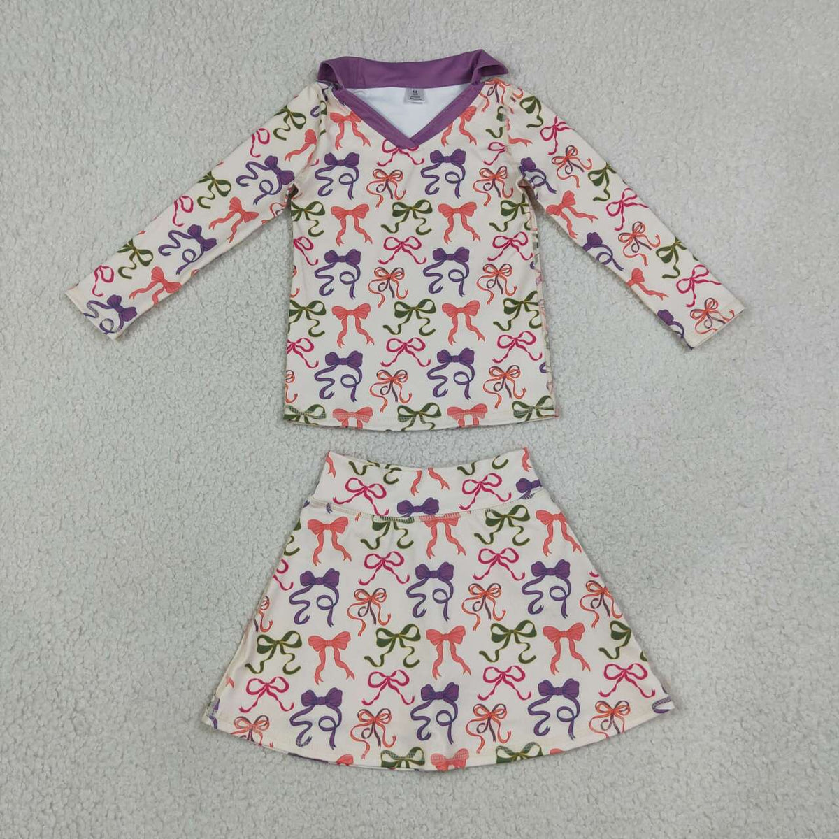 GLD1632 Colorful Bows Long Sleeve Top Skort Girls Yoga Clothes Set