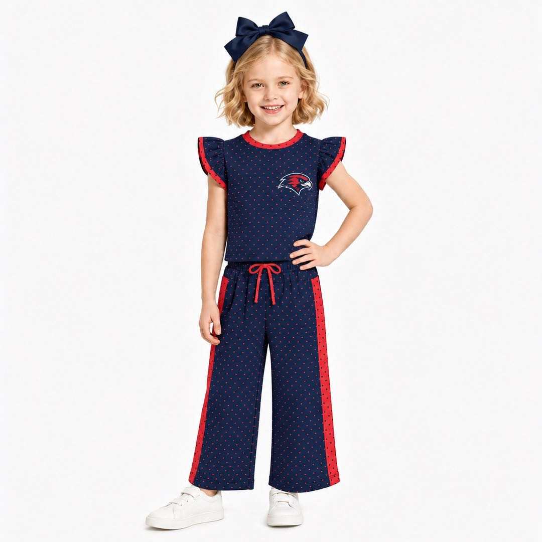 (Custom Design Preorder MOQ 5) Teams Hawks Navy Top Dots Straight Pants Girls Clothes Set
