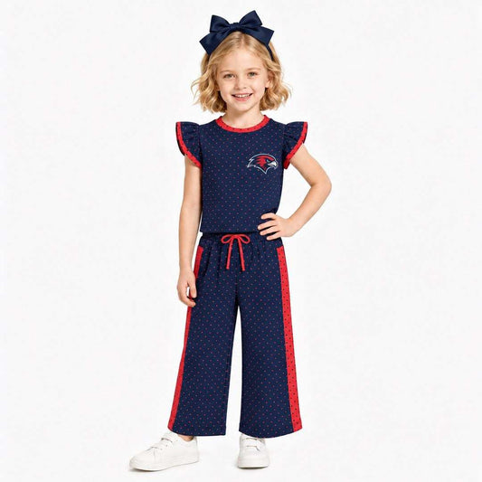 (Custom Design Preorder MOQ 5) Teams Hawks Navy Top Dots Straight Pants Girls Clothes Set