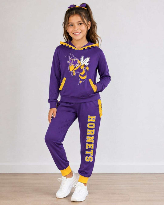 (Custom Design Preorder MOQ 5) Teams Holland Hornets Purple Yellow Ruffles Hoodie Top Pockets Joggers Pants Woman Yoga Clothes Set