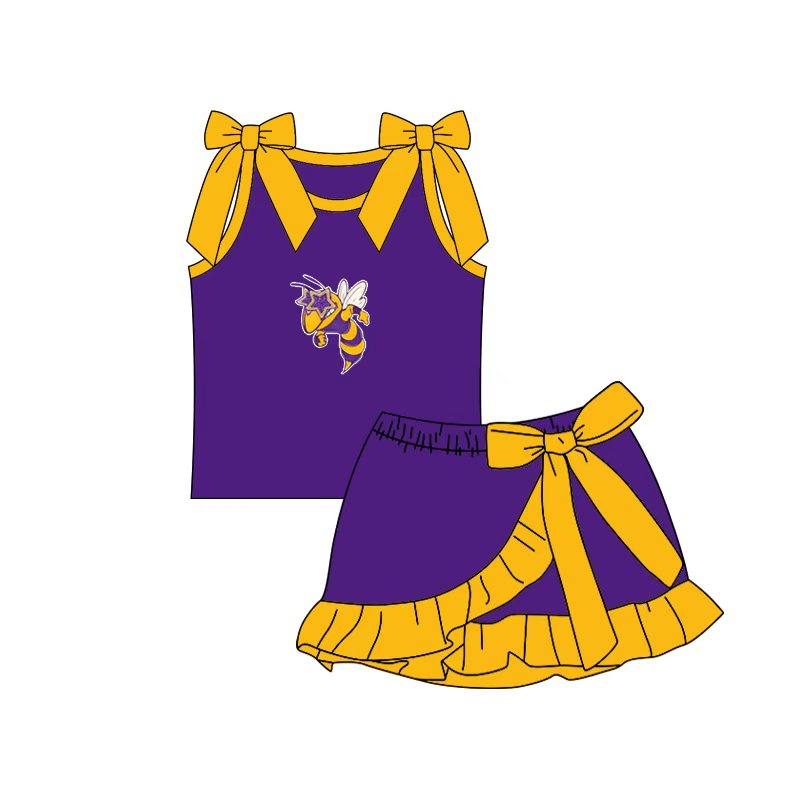 (Custom Design Preorder MOQ 5) Teams Holland Hornets Bows Top Ruffle Skort Girls Summer Clothes Set