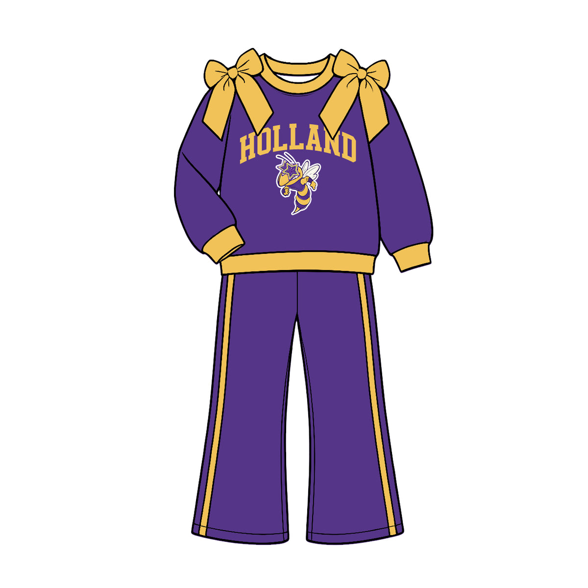 (Custom Design Preorder MOQ 5) Teams Holland Hornets Yellow Bows Top Purple Pockets Pants Girls Clothes Set