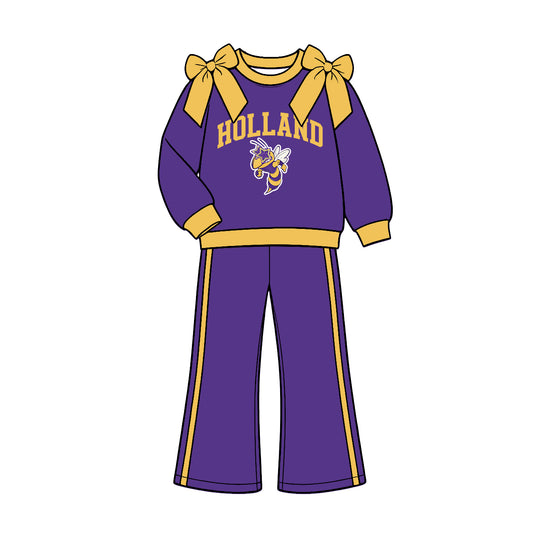 (Custom Design Preorder MOQ 5) Teams Holland Hornets Yellow Bows Top Purple Pockets Pants Girls Clothes Set