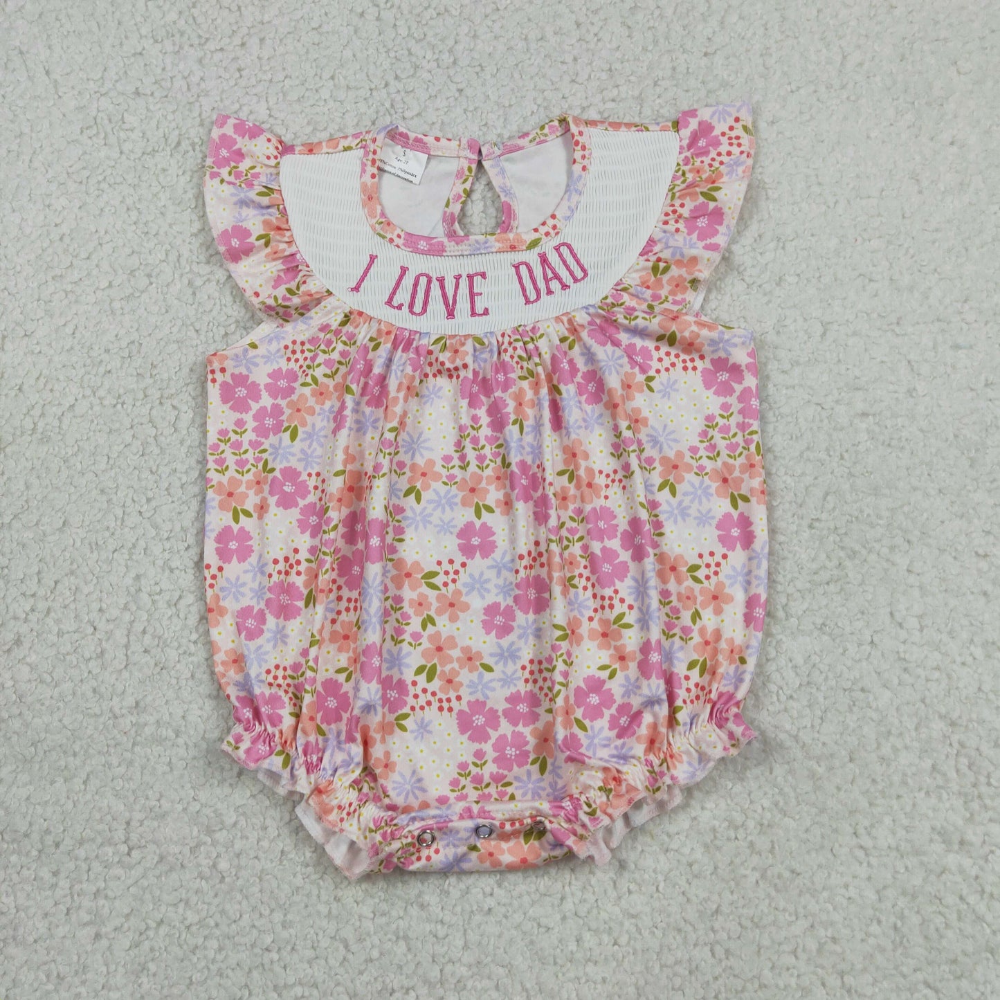 SR4142 I LOVE DAD Embroidery Pink Flowers Print Baby Girls Summer Smocked Romper