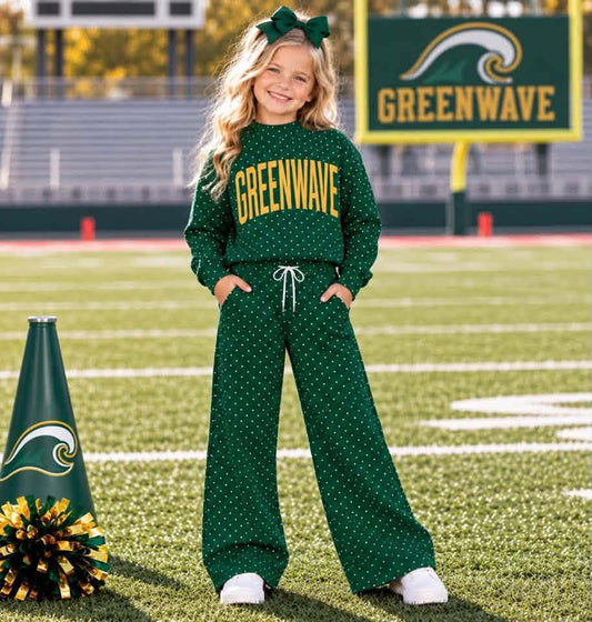 Preorder( 5  MOQ) Baby Girls Sport Team Greenwave Green Polka Dot Outfit