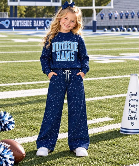 Preorder( 5  MOQ) Baby Girls Sport Team Northside Rams Navy Polka Dot Outfit