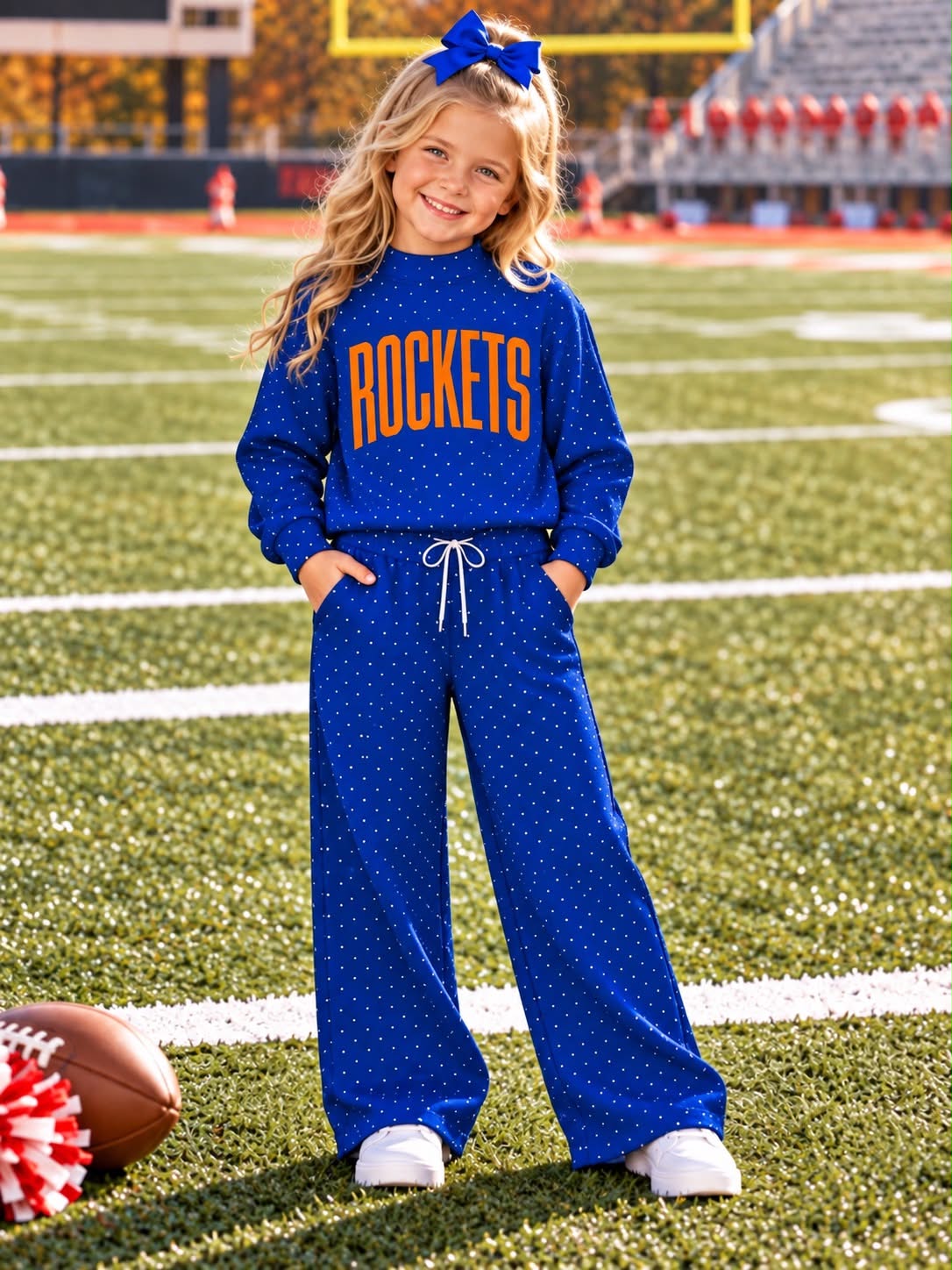 Preorder( 5  MOQ) Baby Girls Sport Team Rockets Blue Polka Dot Outfit