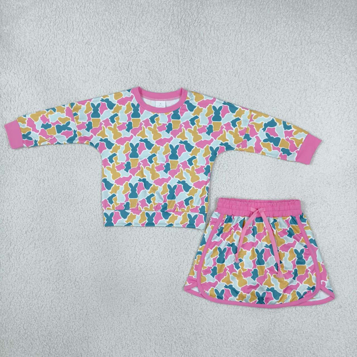 GLD1825 Colorful Bunny Camo Print Long Sleeve Top Skort Girls Easter Clothes Set