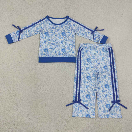 GLP3364 Girls Blue Floral Print Bows Detail Outfits - Long Sleeve Sweatshirt & Wide Leg Pants Set