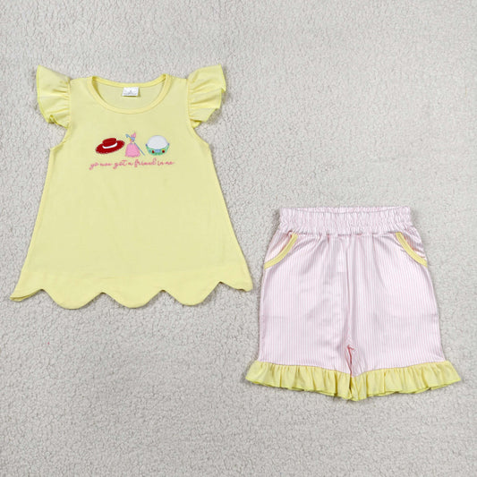 GSSO3495 Cartoon Toy Embroidery Scallop Top Ruffle Shorts Girls Summer Clothes Set