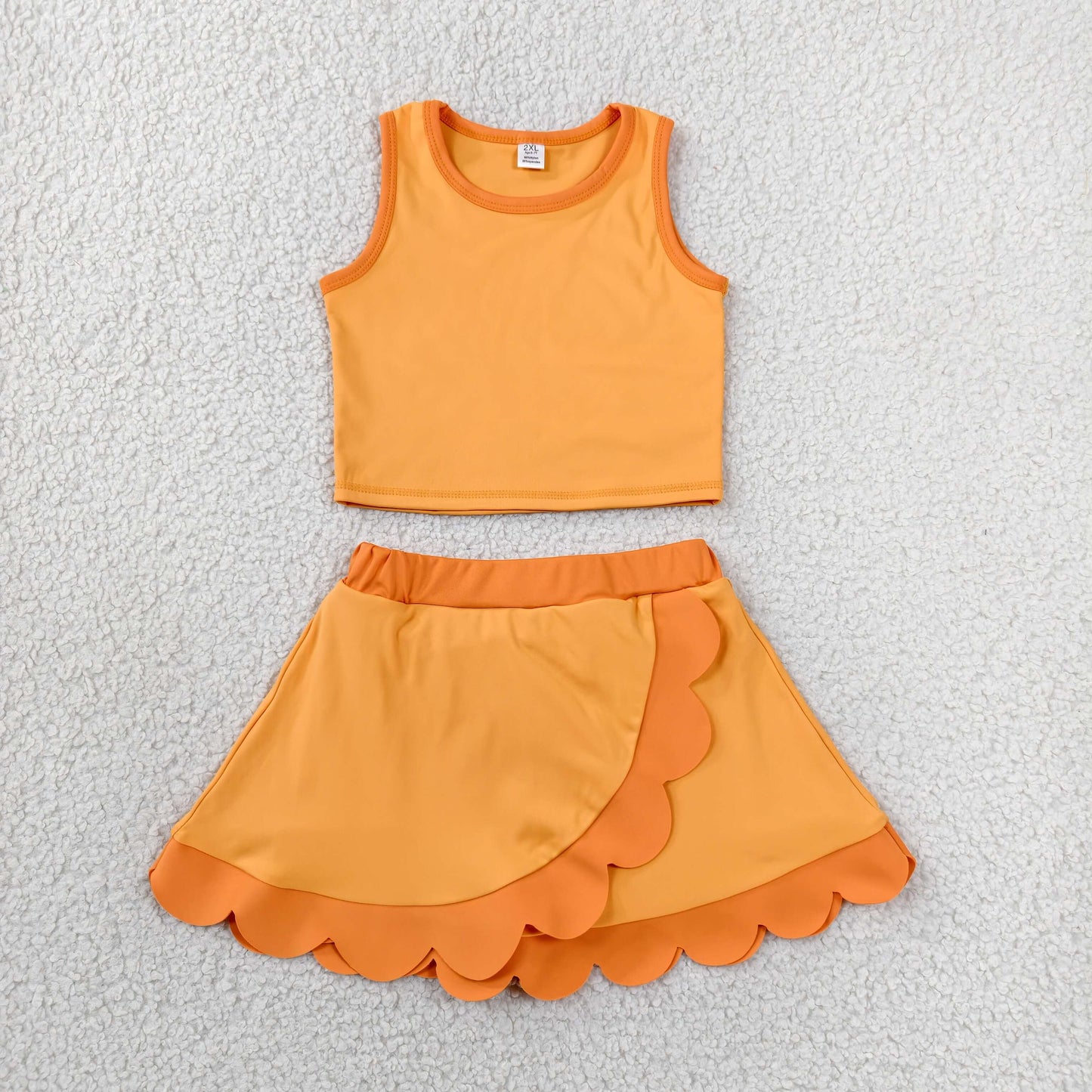 GSD4081 Orange Sleeveless Tank Top Scallop Edge Skort Girls Summer Yoga Clothes Set
