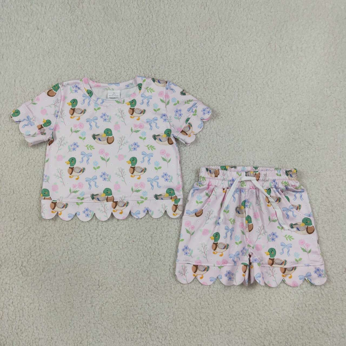 GSSO3737 Cute Mallard Duck Floral Scallop Edge Shorts Girls Summer Clothes Set
