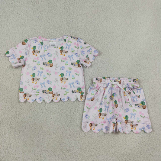 GSSO3737 Cute Mallard Duck Floral Scallop Edge Shorts Girls Summer Clothes Set
