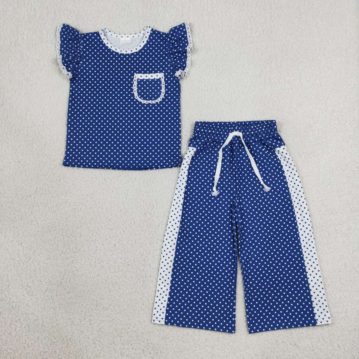 GSPO2372 Teams Royal Blue Polka Dot Ruffle Sleeve Top with Wide Leg Pants Girls Outfit
