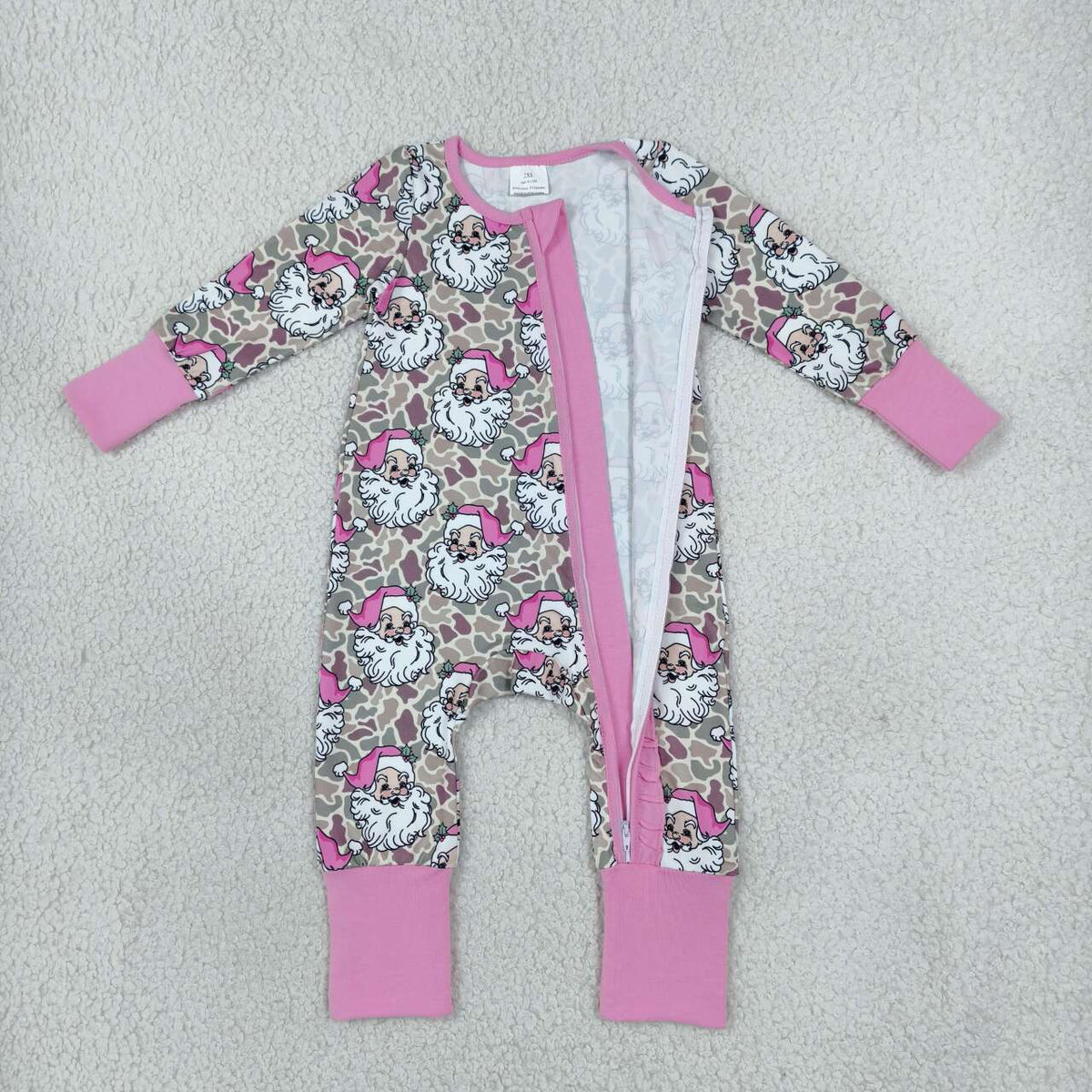 LR3305 Santa Camo Print Baby Girls Christmas Zipper Sleeper Romper