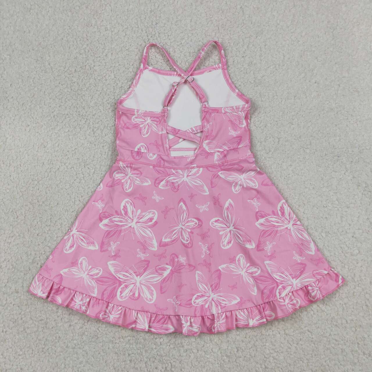 GSD2292 Butterfly Pink Print Girls Summer Strap Shorts Ruffle Knee Length Yoga Dress